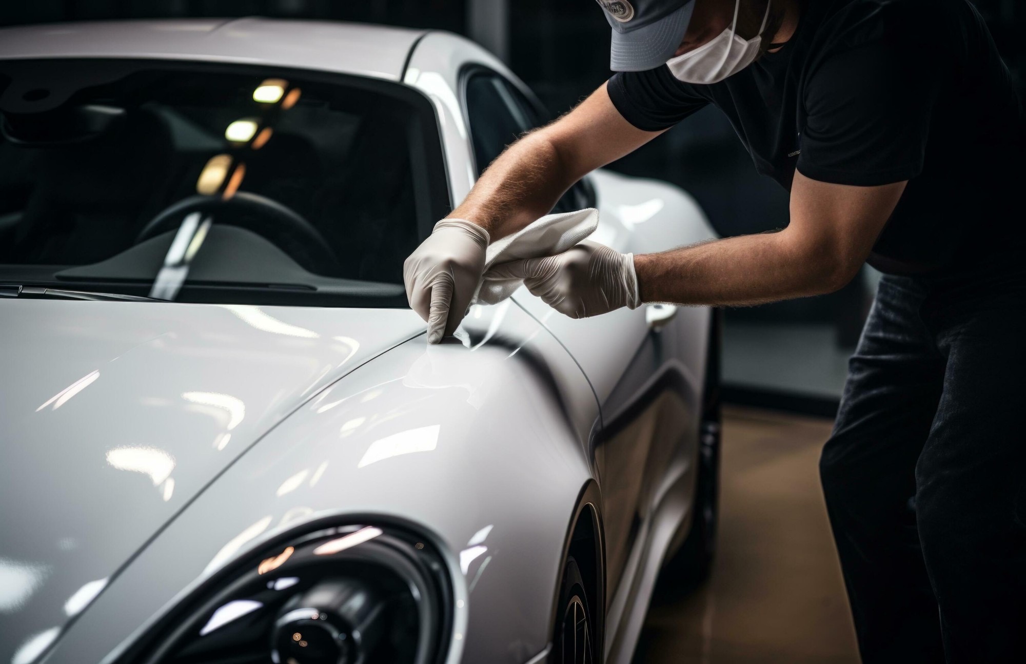 Мастер Detailing Standart в перчатках полирует белый спорткар микрофиброй